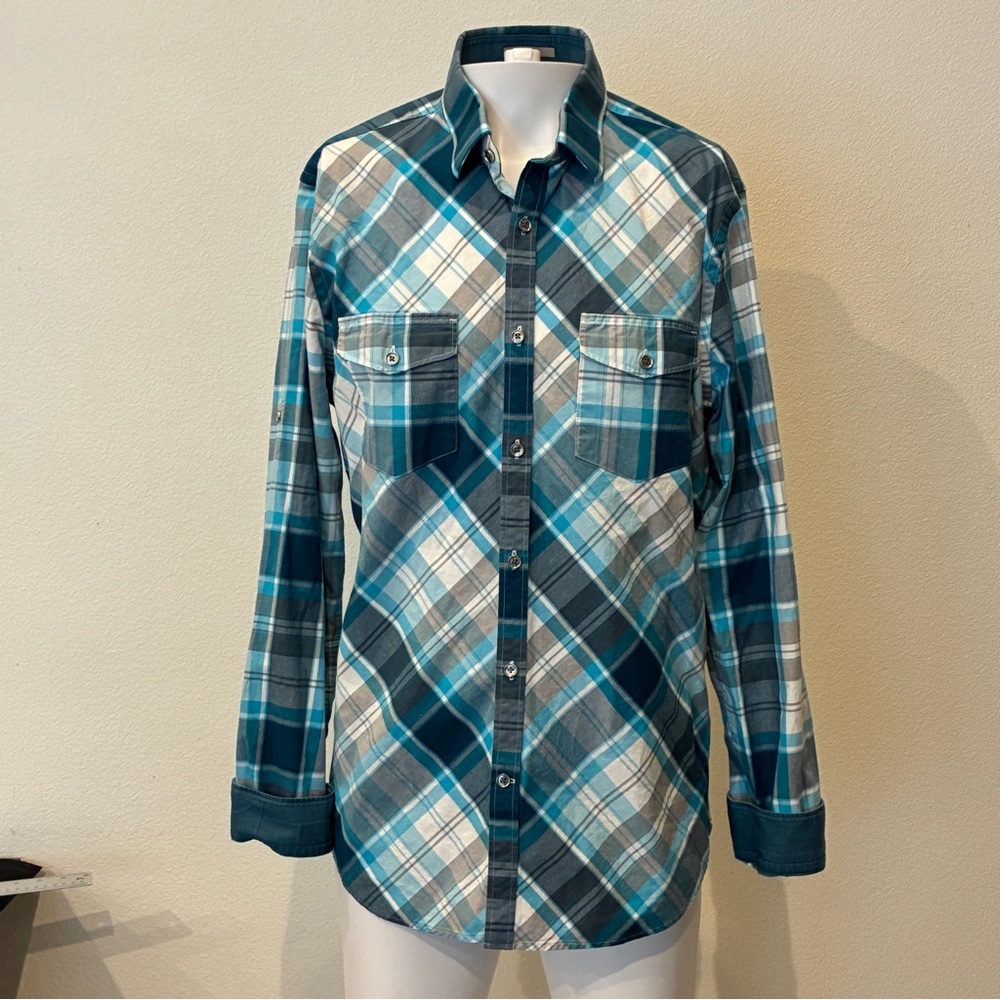 Express Men’s Fitted Teal and Gray Plaid Button Down Shirt Size L 16/16.5